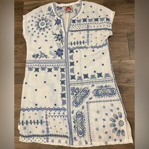 JOHNNY WAS Los Angeles Blue White Embroidered Mini Tunic Dress Large